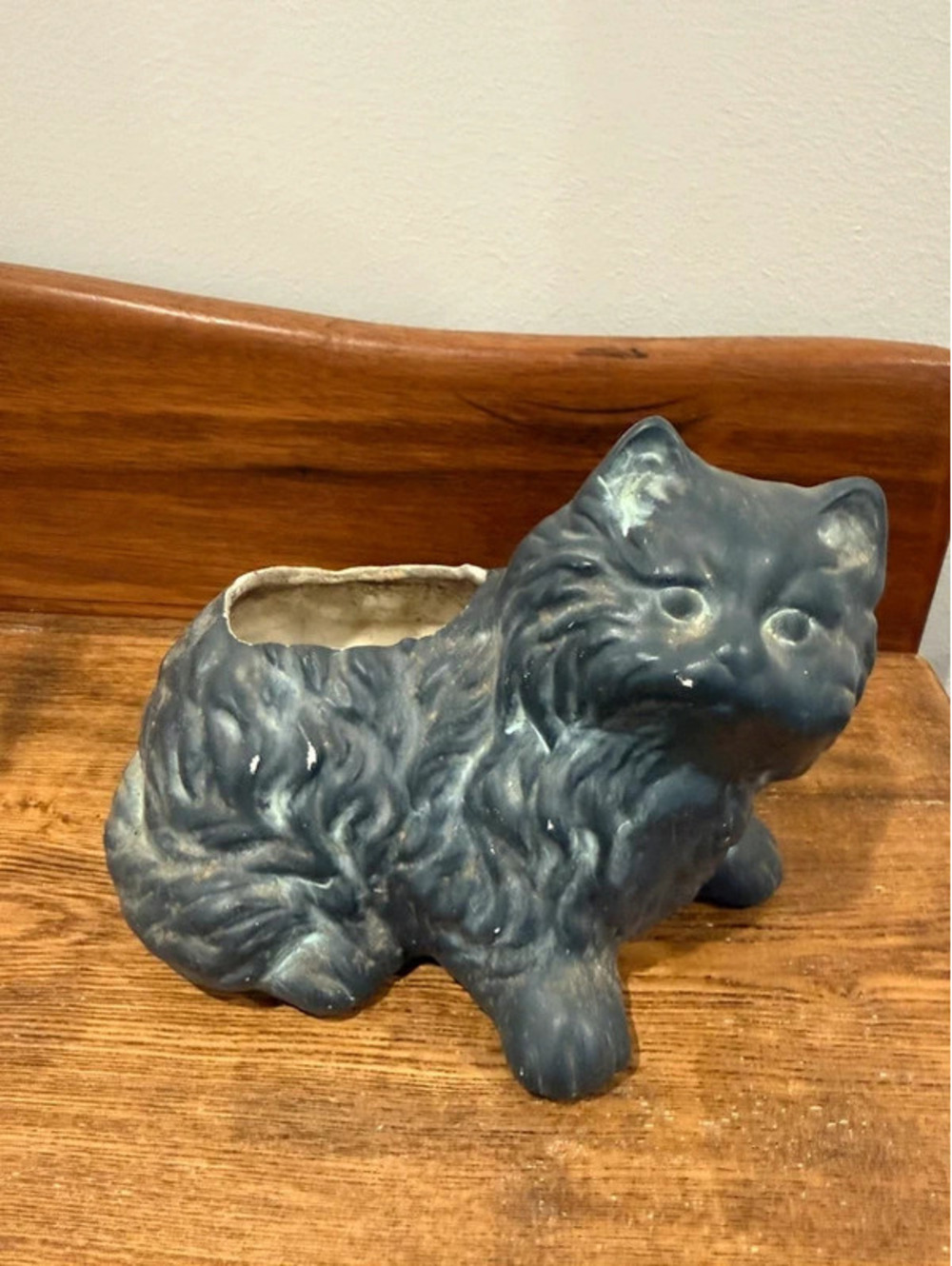 Vintage Blue / black Ceramic Cat Kitten Planter Figurine